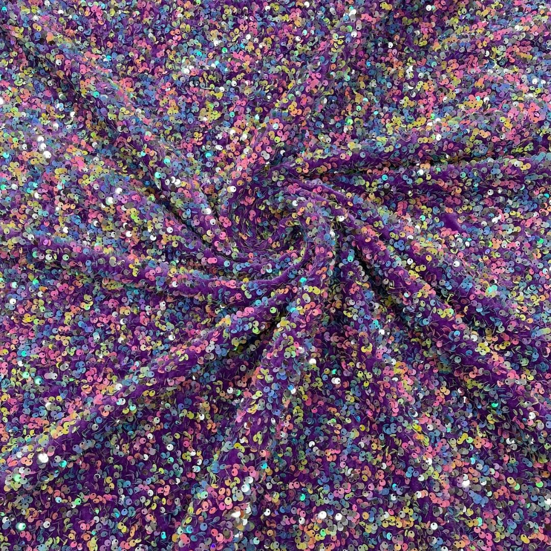 LILAC - Sequin Velvet - Confetti Sequin Design Stretch Velvet All Over 5mm Shining Sequins 2 Way Stretch, Sold By The yard.