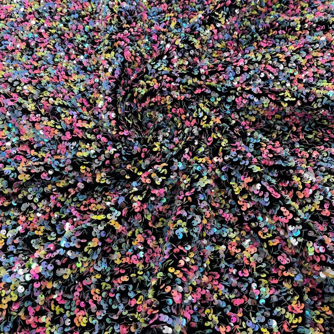 BLACK - Sequin Velvet - Confetti Sequin Design Stretch Velvet All Over 5mm Shining Sequins 2 Way Stretch, Sold By The yard.