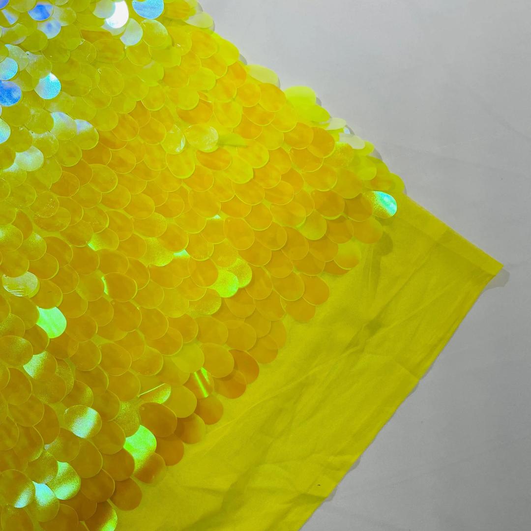 YELLOW - JUMBO - Iridescent Sequins Oval Sequin Paillette/Tear Drop Mermaid Big Sequins Fabric Mesh By The Yard.