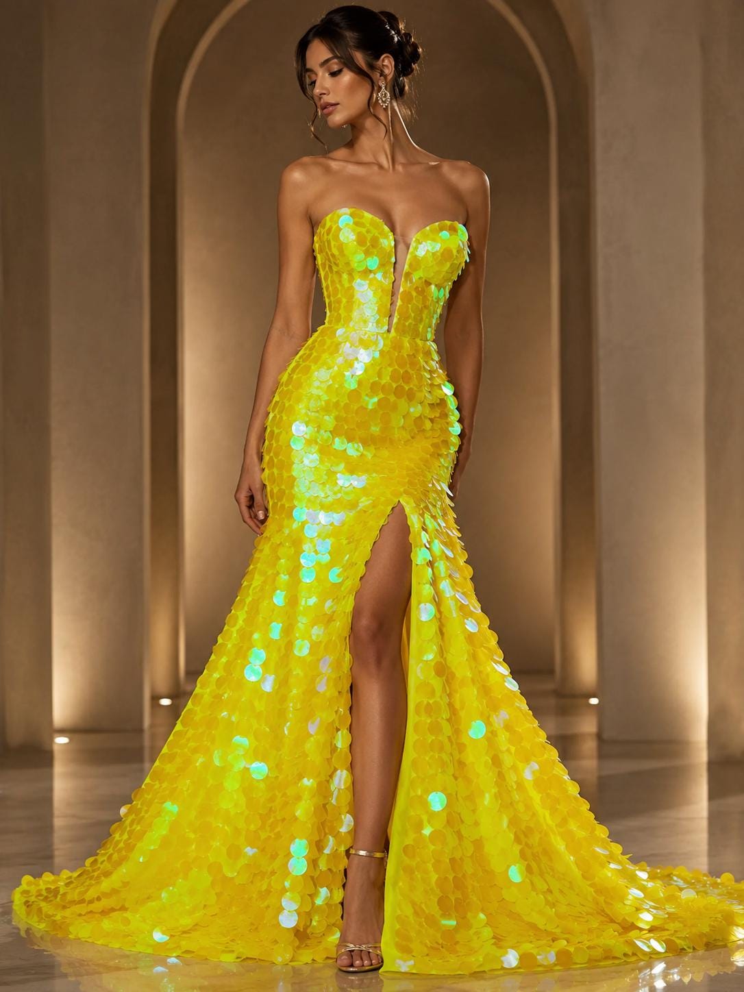 YELLOW - JUMBO - Iridescent Sequins Oval Sequin Paillette/Tear Drop Mermaid Big Sequins Fabric Mesh By The Yard.