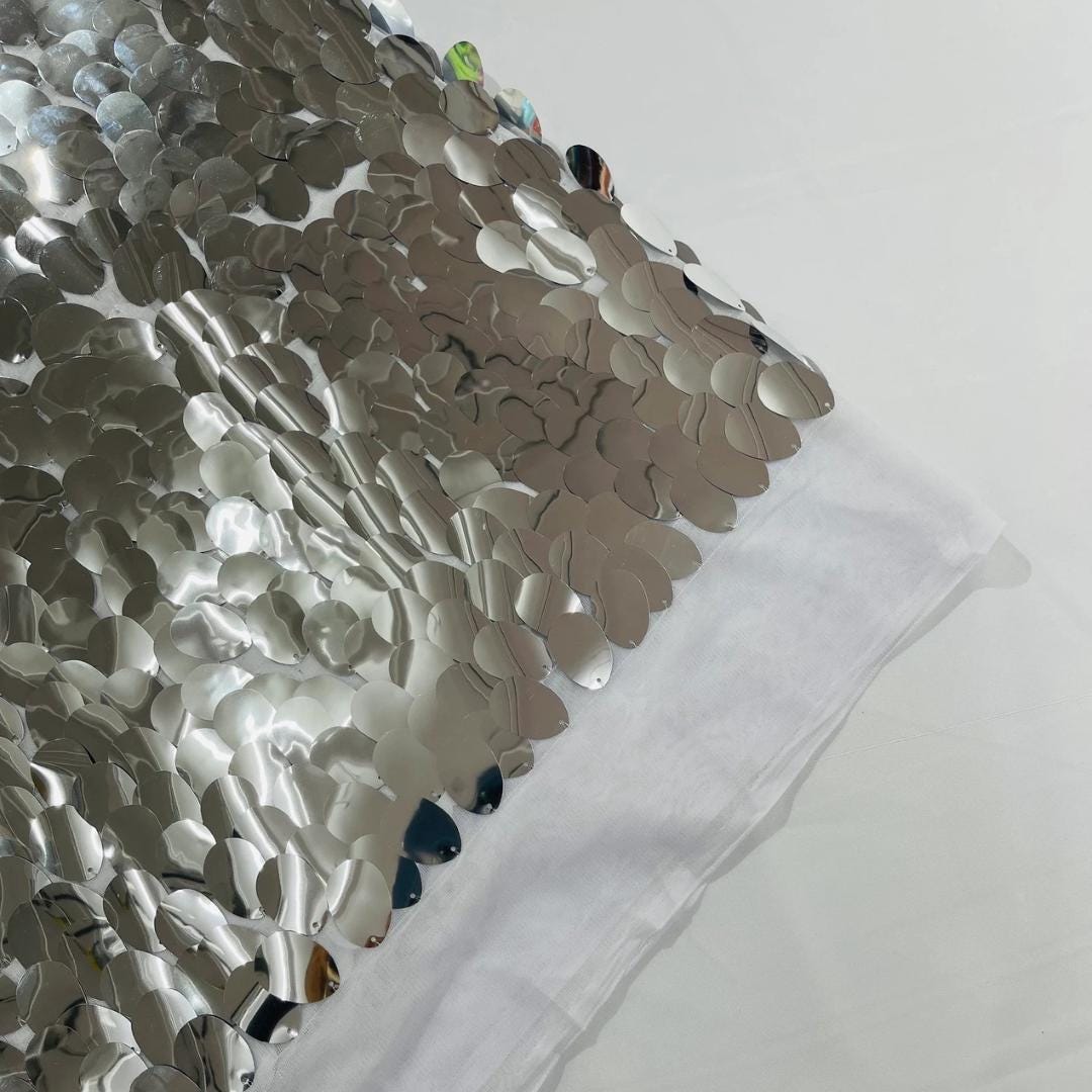 SILVER - JUMBO - Sequins Oval Sequin Paillette/Tear Drop Mermaid Big Sequins Fabric Mesh By The Yard.