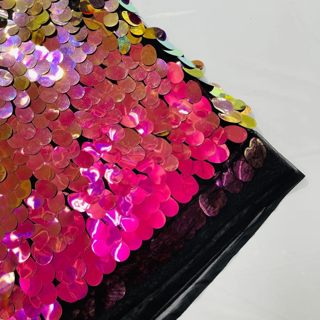 FUCHSIA/PURPLE - JUMBO - Iridescent Sequins Oval Sequin Paillette/Tear Drop Mermaid Big Sequins Fabric Mesh By The Yard.