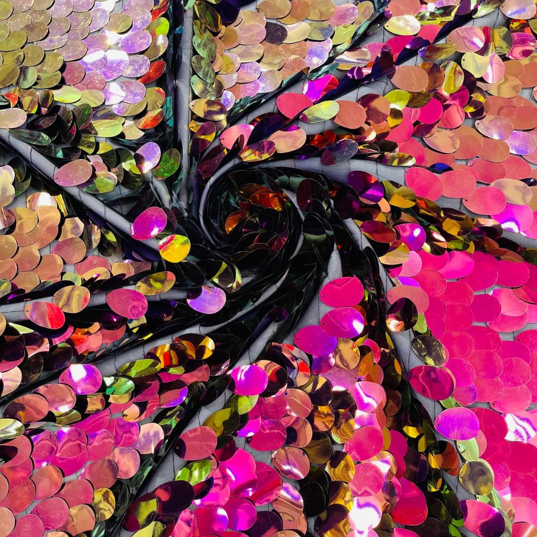 FUCHSIA/PURPLE - JUMBO - Iridescent Sequins Oval Sequin Paillette/Tear Drop Mermaid Big Sequins Fabric Mesh By The Yard.