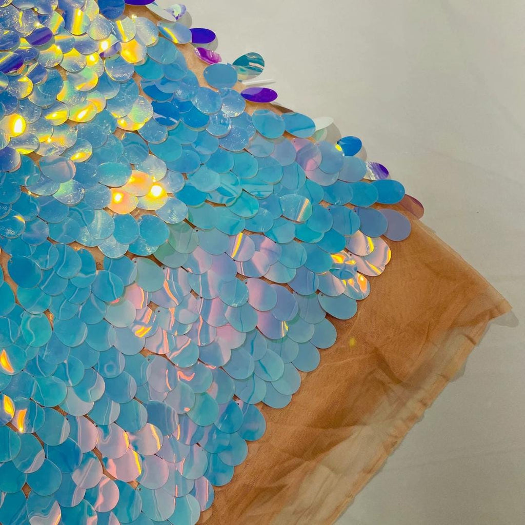 AQUA - JUMBO - Iridescent Sequins Oval Sequin Paillette/Tear Drop Mermaid Big Sequins Fabric Mesh By The Yard.