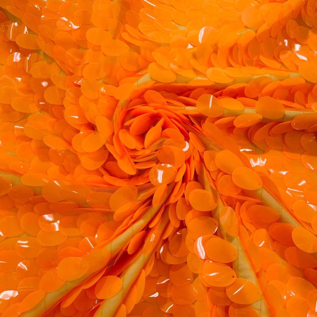 NEON ORANGE - JUMBO - Iridescent Sequins Oval Sequin Paillette/Tear Drop Mermaid Big Sequins Fabric Mesh By The Yard.