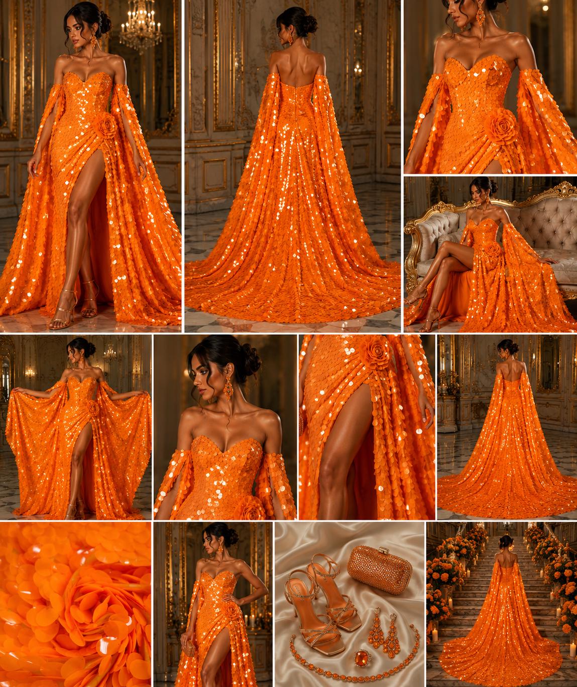 NEON ORANGE - JUMBO - Iridescent Sequins Oval Sequin Paillette/Tear Drop Mermaid Big Sequins Fabric Mesh By The Yard.