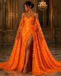 NEON ORANGE - JUMBO - Iridescent Sequins Oval Sequin Paillette/Tear Drop Mermaid Big Sequins Fabric Mesh By The Yard.