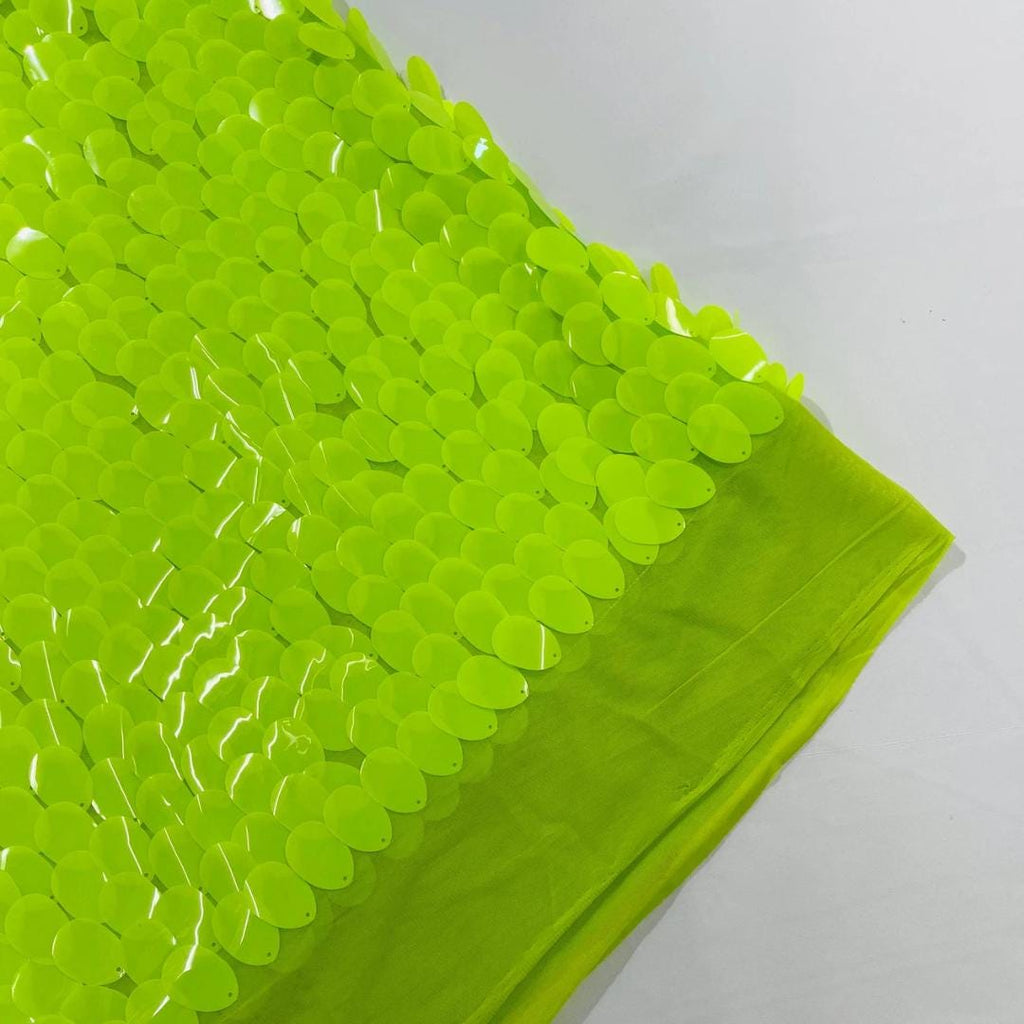 NEON LIME - JUMBO - Iridescent Sequins Oval Sequin Paillette/Tear Drop Mermaid Big Sequins Fabric Mesh By The Yard.