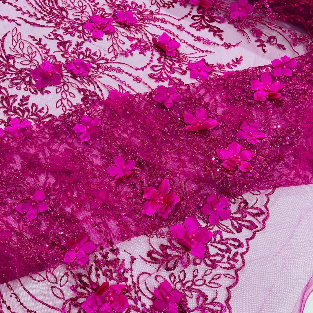3D Floral Satin Lace - FUCHSIA - 3D Luxury Satin Flower Glitter Sequin Fabric  58” Wide For Quinsiañera Dresses - Prom Dress Sold By Yard