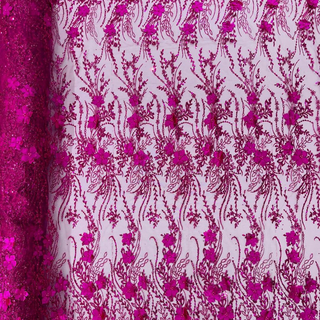 3D Floral Satin Lace - FUCHSIA - 3D Luxury Satin Flower Glitter Sequin Fabric  58” Wide For Quinsiañera Dresses - Prom Dress Sold By Yard