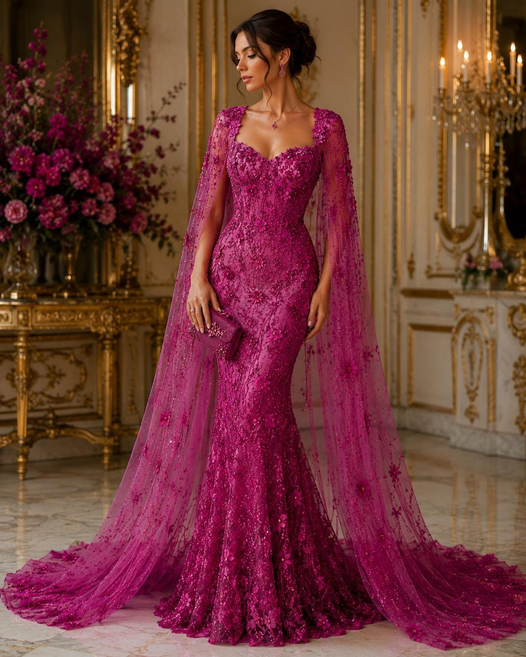 3D Floral Satin Lace - FUCHSIA - 3D Luxury Satin Flower Glitter Sequin Fabric  58” Wide For Quinsiañera Dresses - Prom Dress Sold By Yard