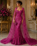 3D Floral Satin Lace - FUCHSIA - 3D Luxury Satin Flower Glitter Sequin Fabric  58” Wide For Quinsiañera Dresses - Prom Dress Sold By Yard