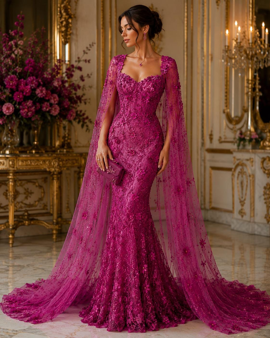 3D Floral Satin Lace - FUCHSIA - 3D Luxury Satin Flower Glitter Sequin Fabric  58” Wide For Quinsiañera Dresses - Prom Dress Sold By Yard