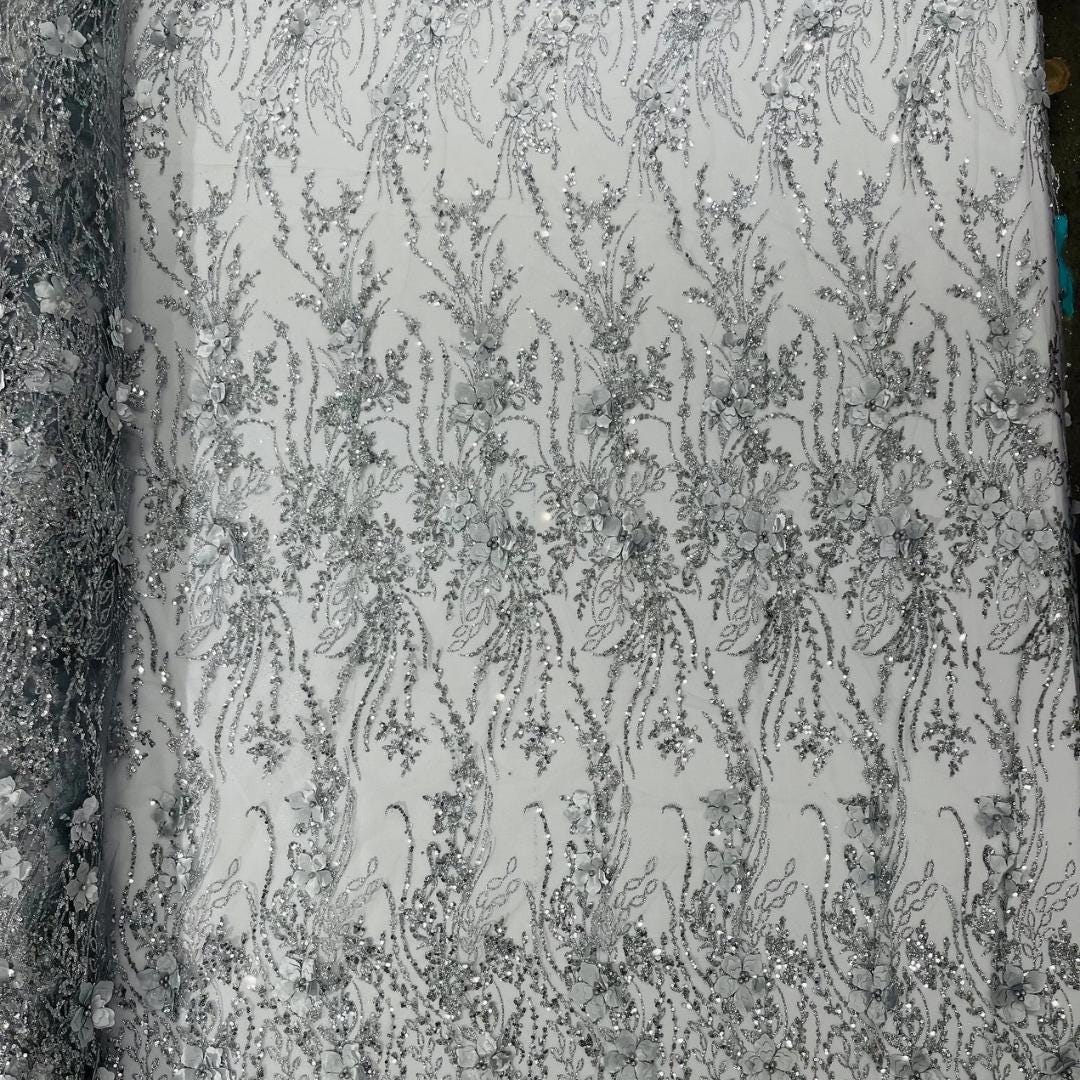 3D Floral Satin Lace - SILVER - 3D Luxury Satin Flower Glitter Sequin Fabric  58” Wide For Quinsiañera Dresses - Prom Dress Sold By Yard