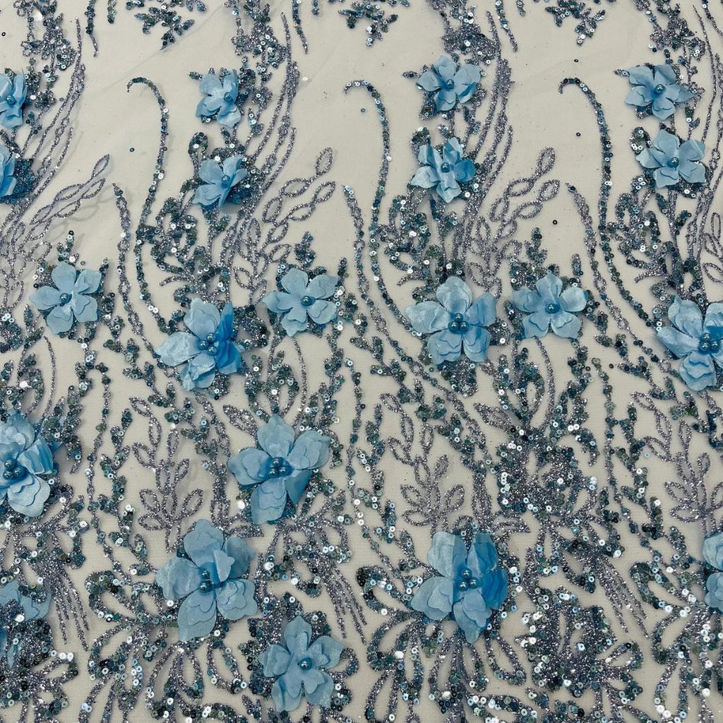 3D Floral Satin Lace - LT BLUE - 3D Luxury Satin Flower Glitter Sequin Fabric  58” Wide For Quinsiañera Dresses - Prom Dress Sold By Yard