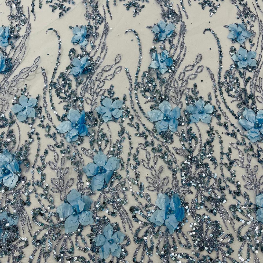 3D Floral Satin Lace - LT BLUE - 3D Luxury Satin Flower Glitter Sequin Fabric  58” Wide For Quinsiañera Dresses - Prom Dress Sold By Yard