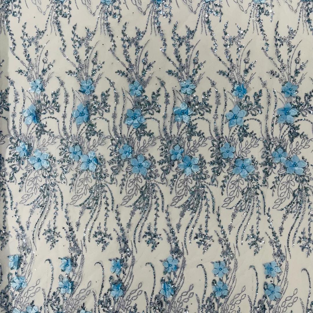 3D Floral Satin Lace - LT BLUE - 3D Luxury Satin Flower Glitter Sequin Fabric  58” Wide For Quinsiañera Dresses - Prom Dress Sold By Yard