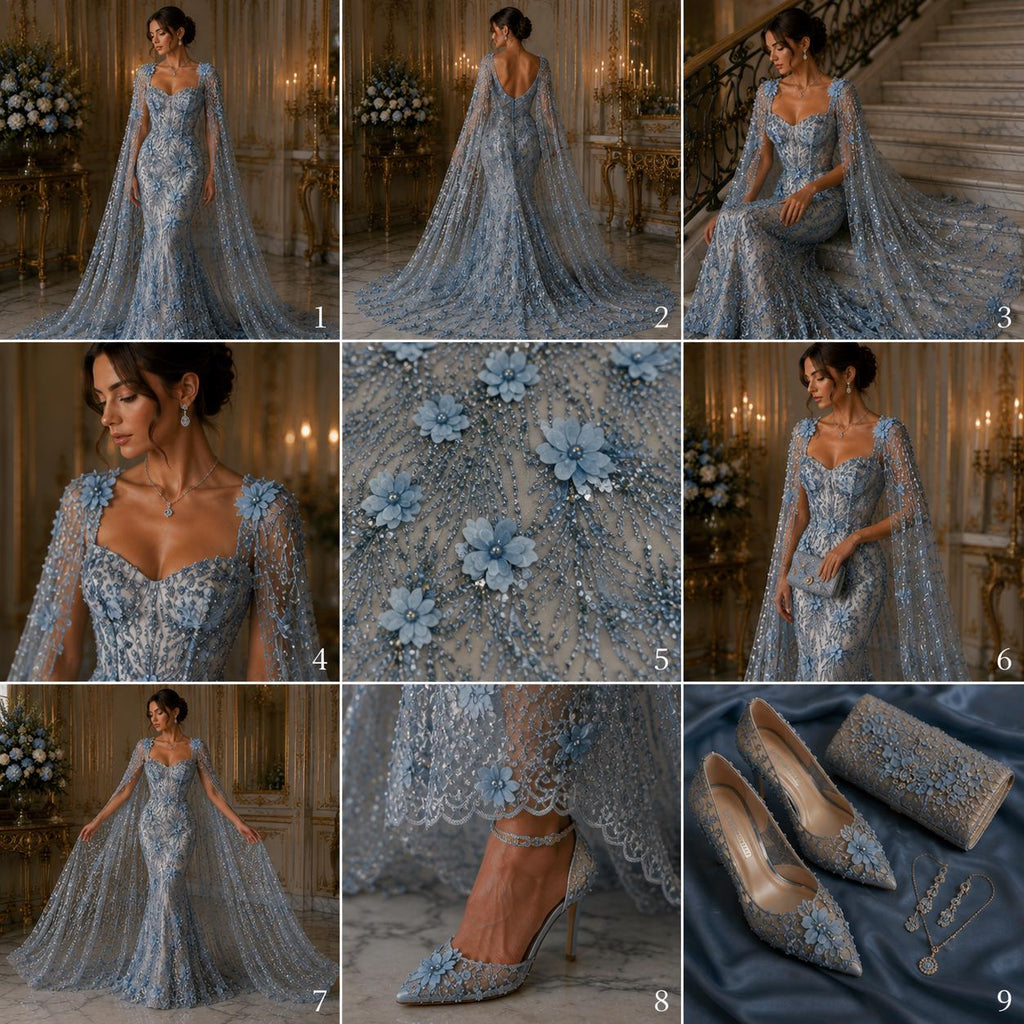 3D Floral Satin Lace - LT BLUE - 3D Luxury Satin Flower Glitter Sequin Fabric  58” Wide For Quinsiañera Dresses - Prom Dress Sold By Yard