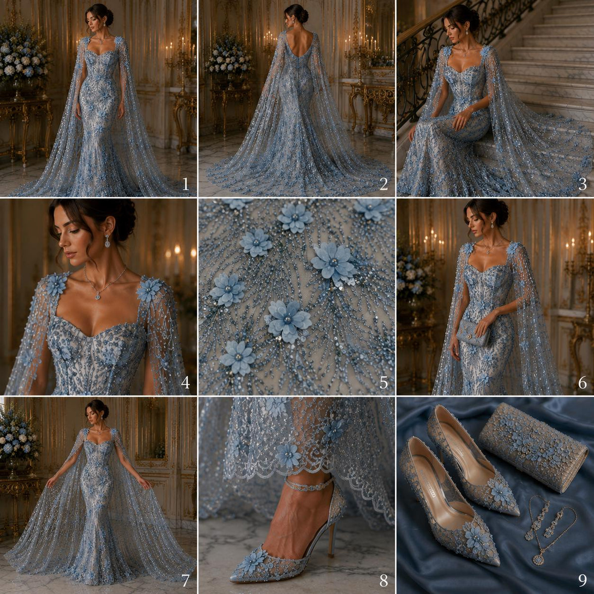 3D Floral Satin Lace - LT BLUE - 3D Luxury Satin Flower Glitter Sequin Fabric  58” Wide For Quinsiañera Dresses - Prom Dress Sold By Yard