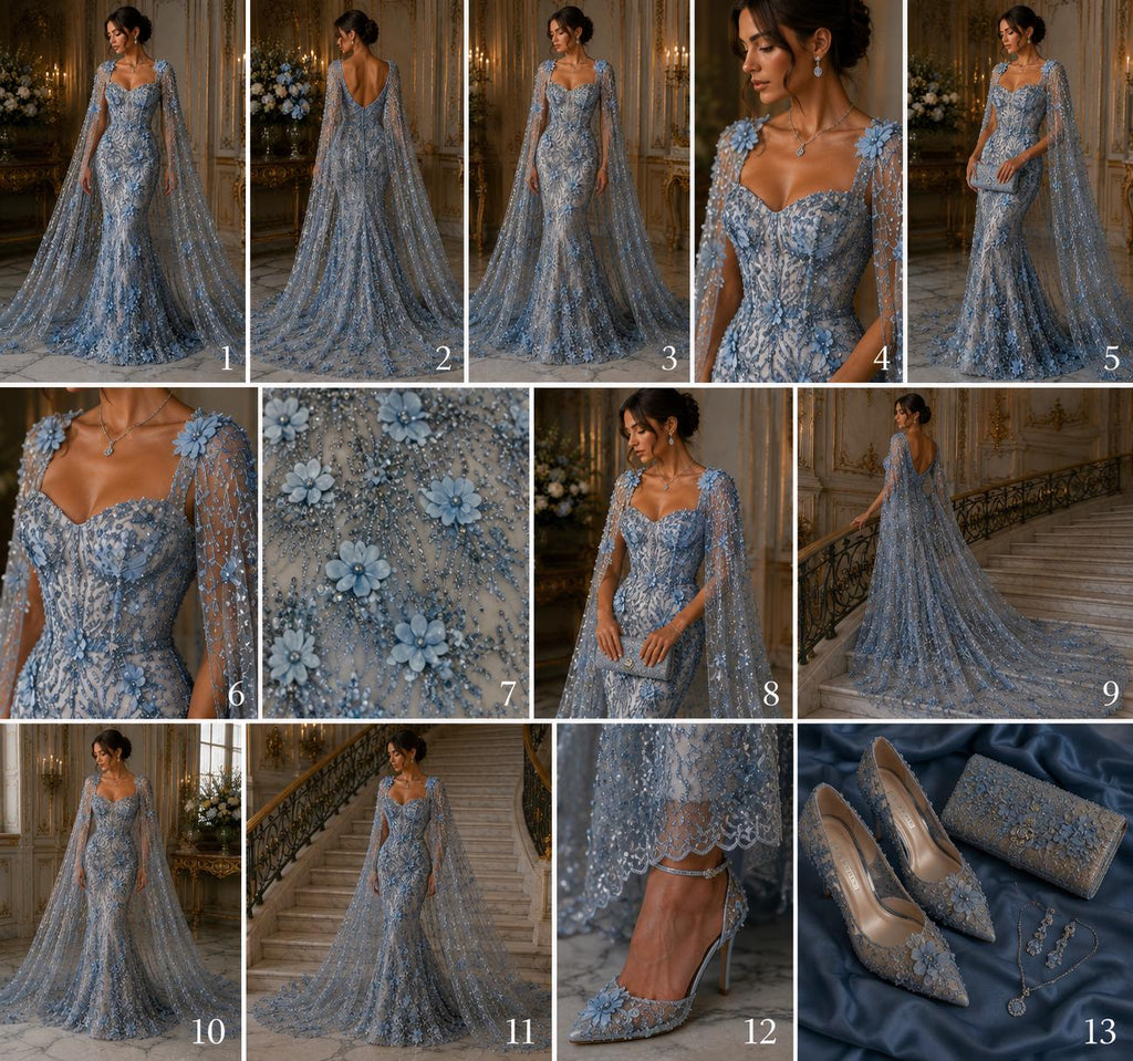 3D Floral Satin Lace - LT BLUE - 3D Luxury Satin Flower Glitter Sequin Fabric  58” Wide For Quinsiañera Dresses - Prom Dress Sold By Yard