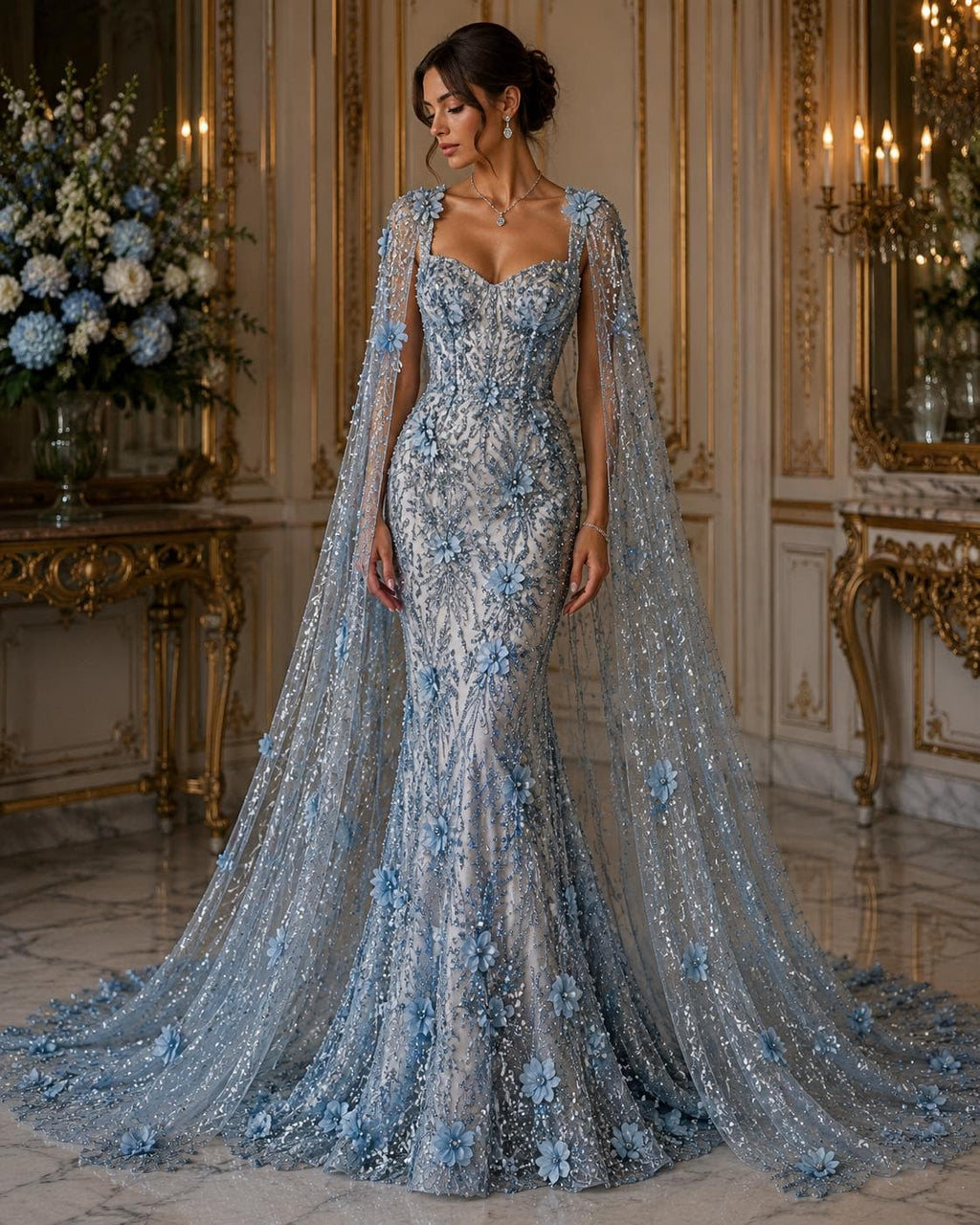 3D Floral Satin Lace - LT BLUE - 3D Luxury Satin Flower Glitter Sequin Fabric  58” Wide For Quinsiañera Dresses - Prom Dress Sold By Yard