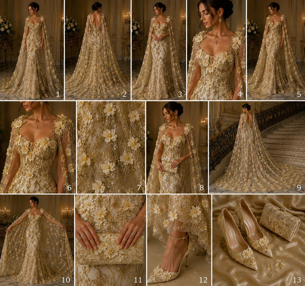 3D Floral Satin Lace - GOLD - 3D Luxury Satin Flower Glitter Sequin Fabric  58” Wide For Quinsiañera Dresses - Prom Dress Sold By Yard