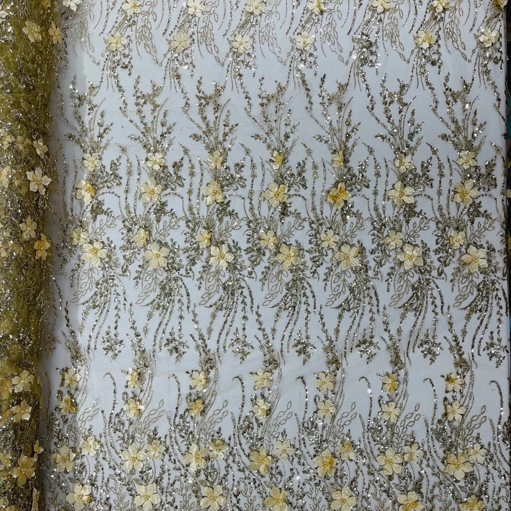 3D Floral Satin Lace - GOLD - 3D Luxury Satin Flower Glitter Sequin Fabric  58” Wide For Quinsiañera Dresses - Prom Dress Sold By Yard