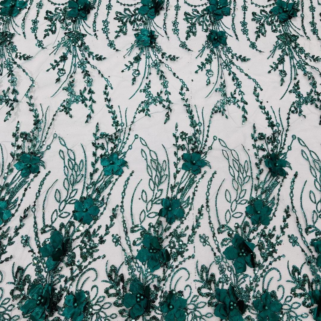 3D Floral Satin Lace - HUNTER - 3D Luxury Satin Flower Glitter Sequin Fabric  58” Wide For Quinsiañera Dresses - Prom Dress Sold By Yard