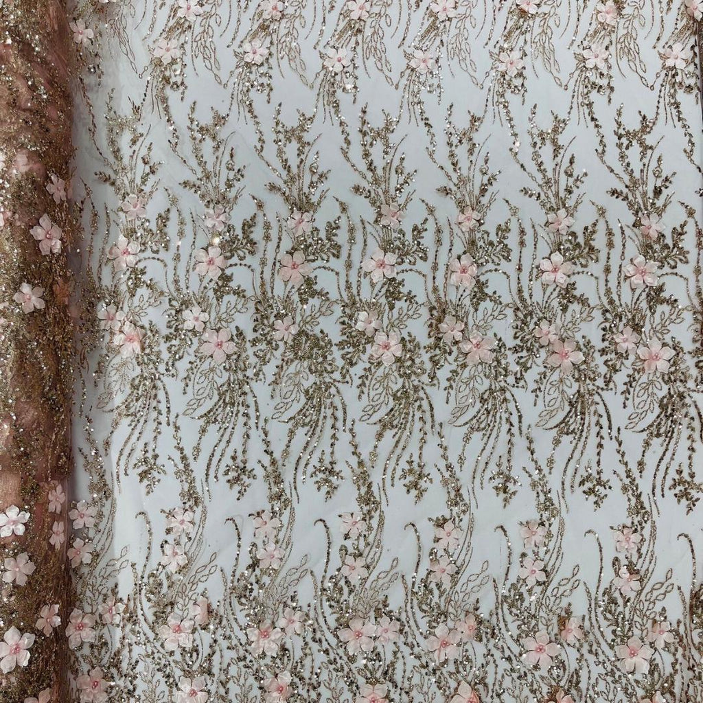 3D Floral Satin Lace - BLUSH PINK - 3D Luxury Satin Flower Glitter Sequin Fabric  58” Wide For Quinsiañera Dresses - Prom Dress Sold By Yard