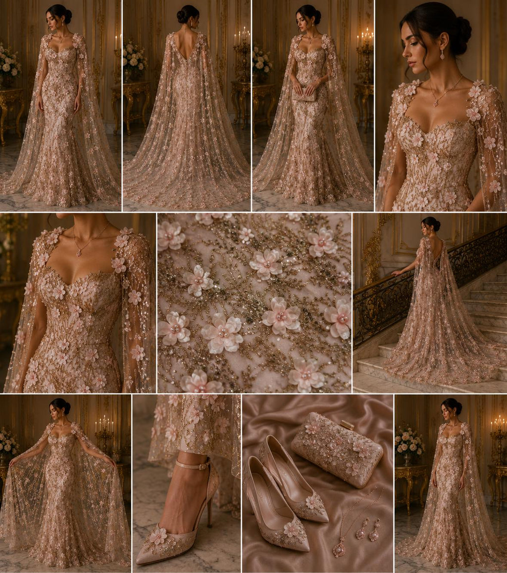 3D Floral Satin Lace - BLUSH PINK - 3D Luxury Satin Flower Glitter Sequin Fabric  58” Wide For Quinsiañera Dresses - Prom Dress Sold By Yard