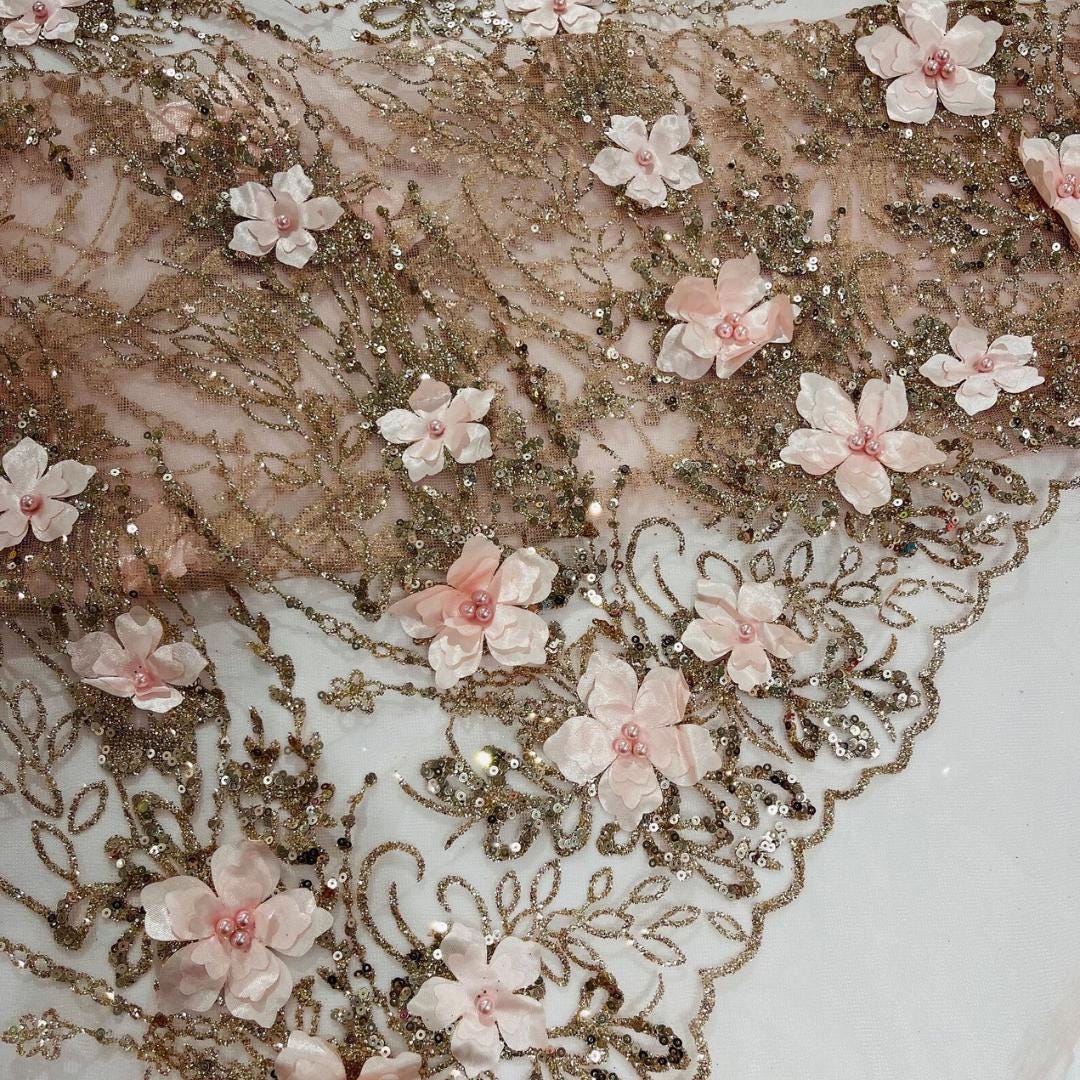 3D Floral Satin Lace - BLUSH PINK - 3D Luxury Satin Flower Glitter Sequin Fabric  58” Wide For Quinsiañera Dresses - Prom Dress Sold By Yard