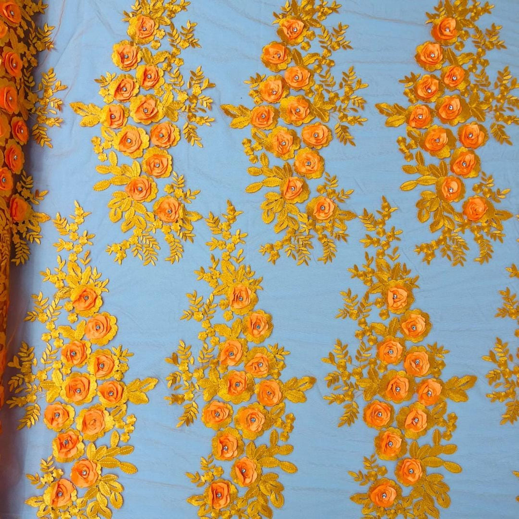 3D Floral Lace - ORANGE - 3D Floral Embroider Beaded Rhinestones On a Mesh Lace 48” Wide For Quinsiañera Dresses - Prom Dress Sold By Yard