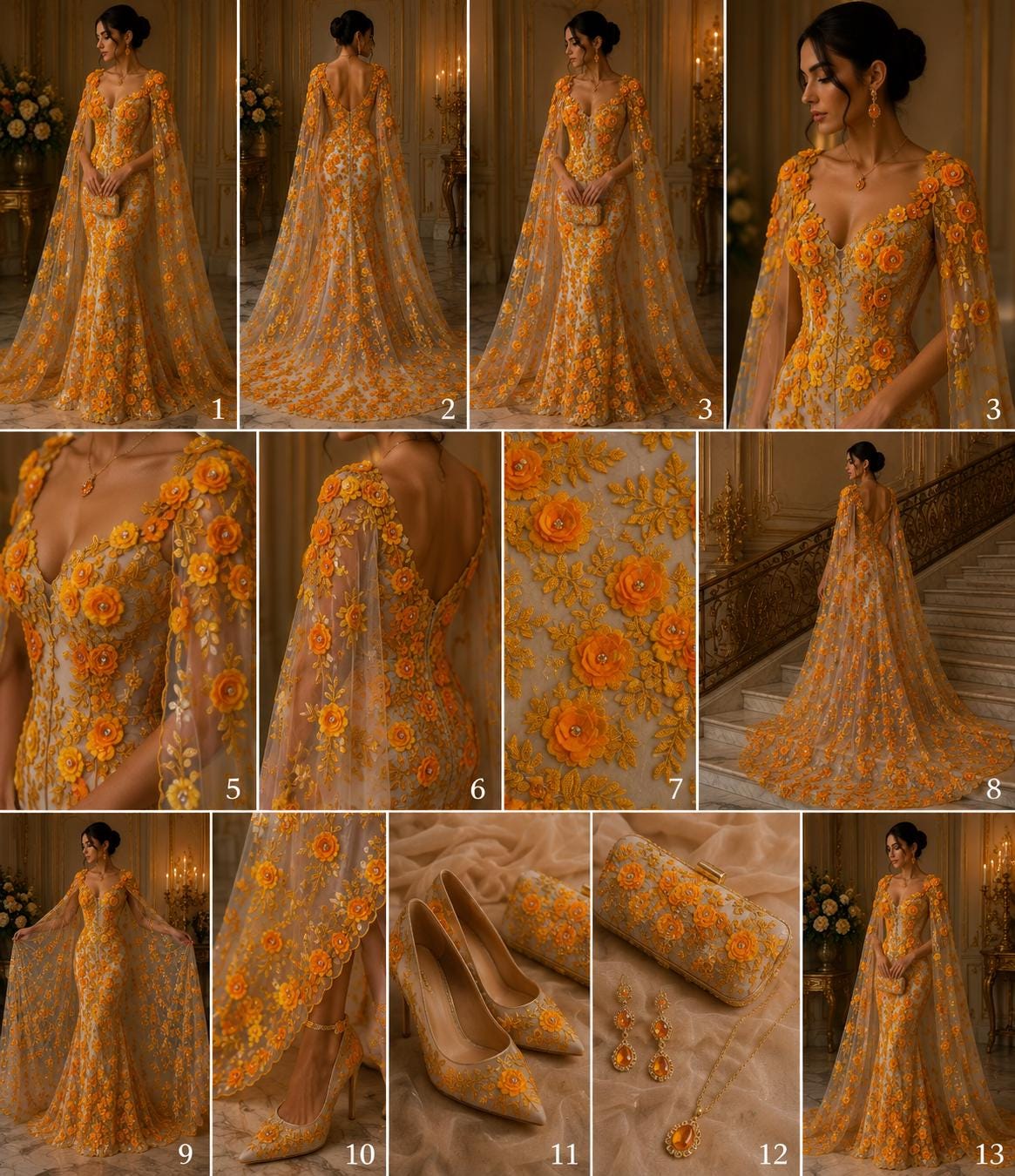 3D Floral Lace - ORANGE - 3D Floral Embroider Beaded Rhinestones On a Mesh Lace 48” Wide For Quinsiañera Dresses - Prom Dress Sold By Yard