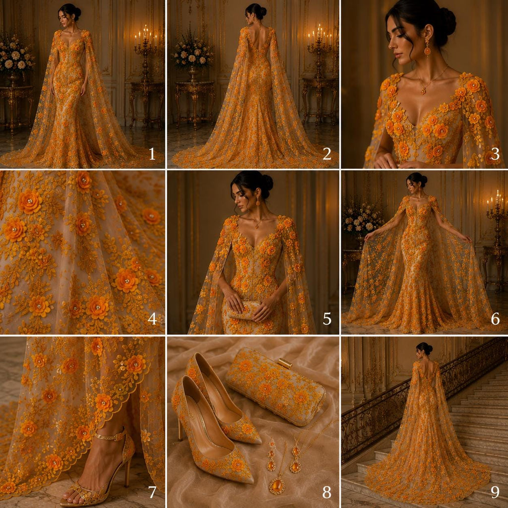 3D Floral Lace - ORANGE - 3D Floral Embroider Beaded Rhinestones On a Mesh Lace 48” Wide For Quinsiañera Dresses - Prom Dress Sold By Yard