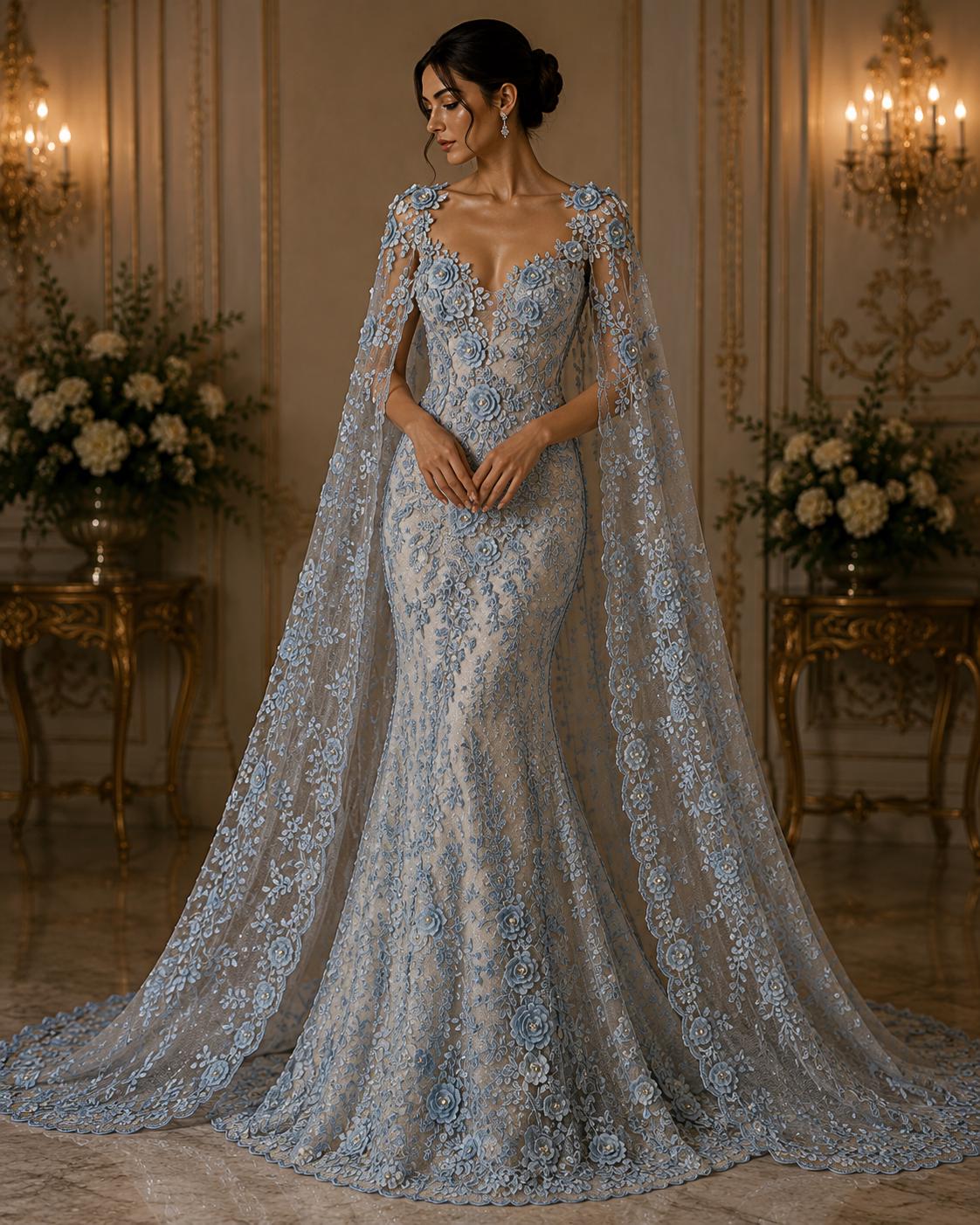 3D Floral Lace - LT BLUE - 3D Floral Embroider Beaded Rhinestones On a Mesh Lace 48” Wide For Quinsiañera Dresses - Prom Dress Sold By Yard