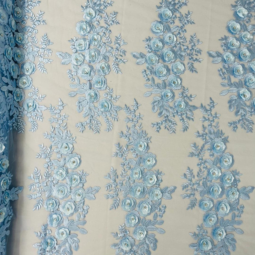 3D Floral Lace - LT BLUE - 3D Floral Embroider Beaded Rhinestones On a Mesh Lace 48” Wide For Quinsiañera Dresses - Prom Dress Sold By Yard