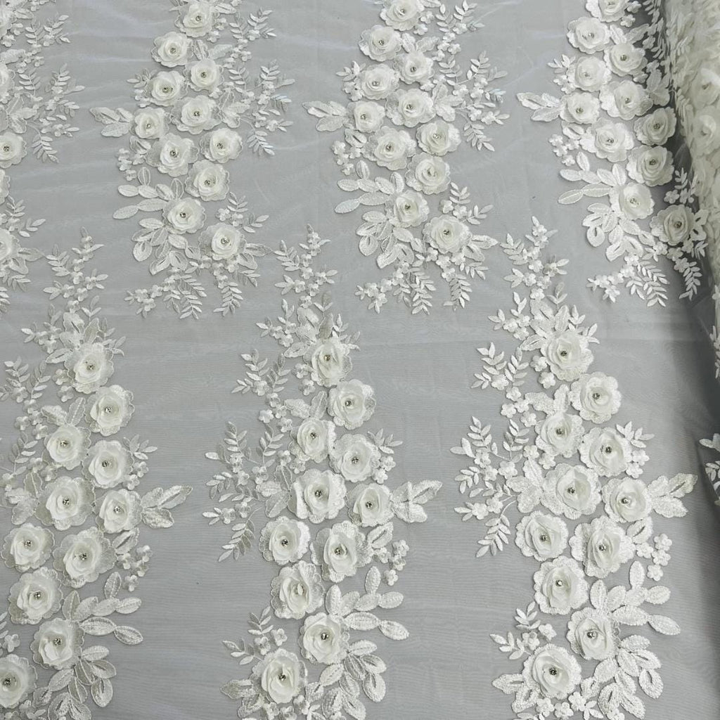 3D Floral Lace - IVORY - 3D Floral Embroider Beaded Rhinestones On a Mesh Lace 48” Wide For Quinsiañera Dresses - Prom Dress Sold By Yard