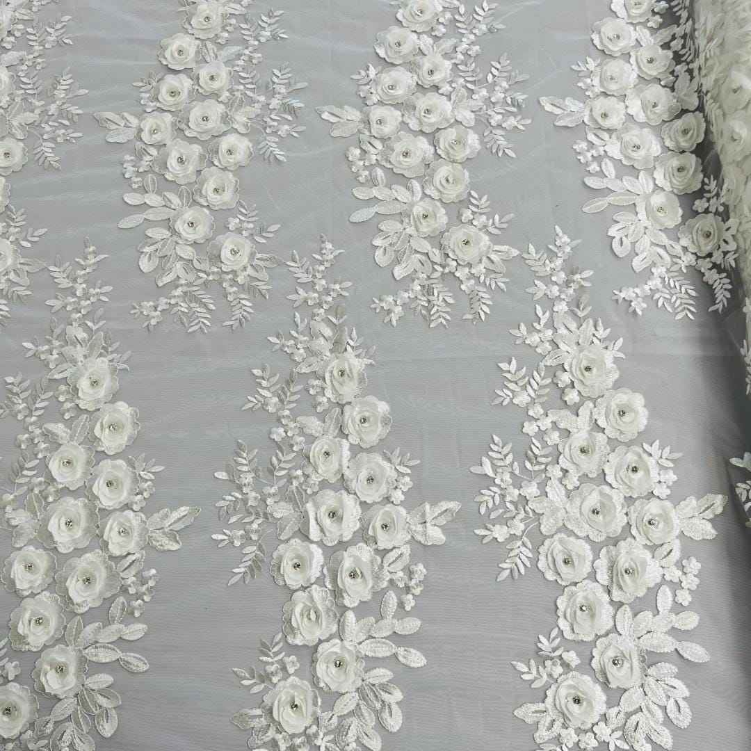 3D Floral Lace - IVORY - 3D Floral Embroider Beaded Rhinestones On a Mesh Lace 48” Wide For Quinsiañera Dresses - Prom Dress Sold By Yard