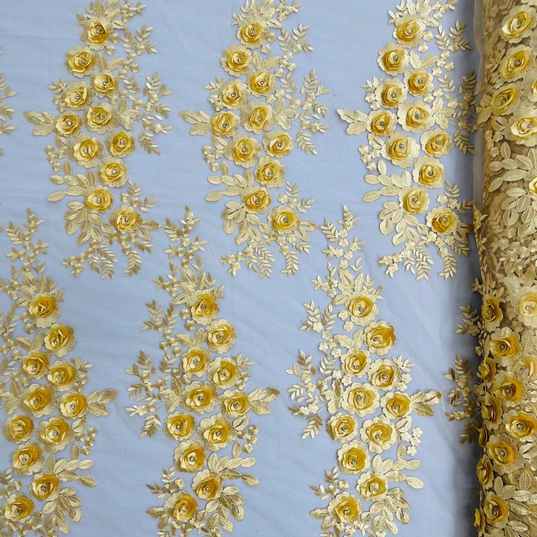 3D Floral Lace - GOLD - 3D Floral Embroider Beaded Rhinestones On a Mesh Lace 48” Wide For Quinsiañera Dresses - Prom Dress Sold By Yard
