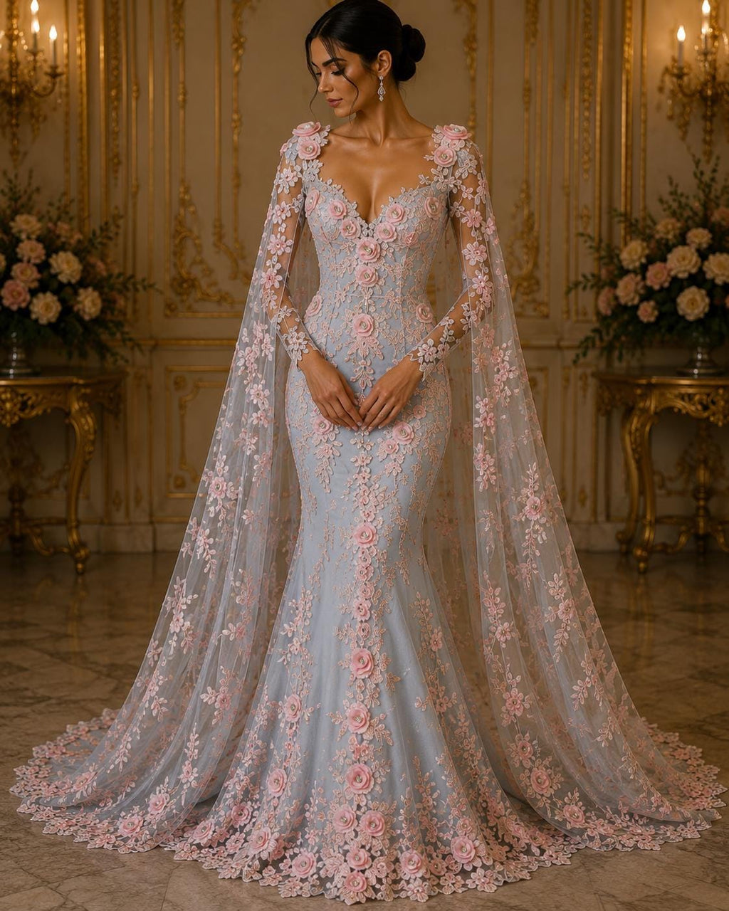 3D Floral Lace - PINK - 3D Floral Embroider Beaded Rhinestones On a Mesh Lace 48” Wide For Quinsiañera Dresses - Prom Dress Sold By Yard