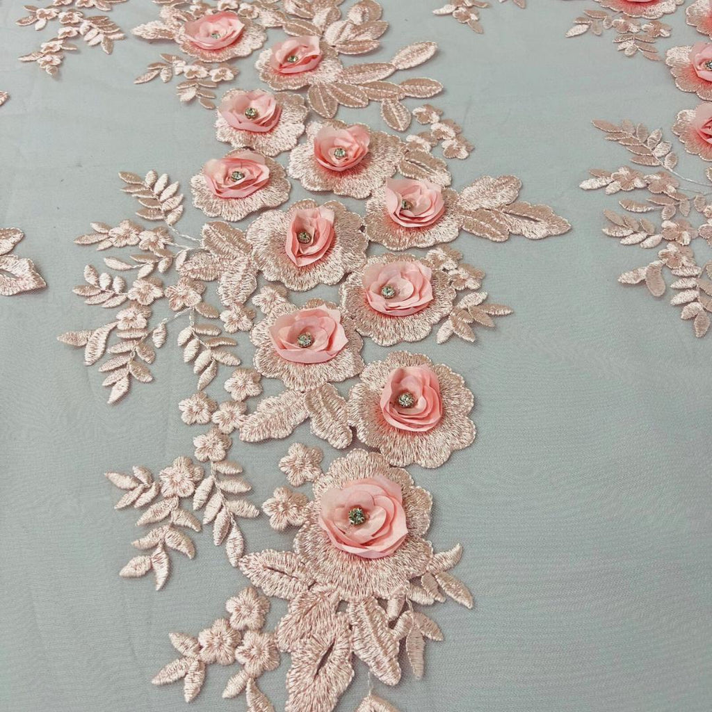 3D Floral Lace - PINK - 3D Floral Embroider Beaded Rhinestones On a Mesh Lace 48” Wide For Quinsiañera Dresses - Prom Dress Sold By Yard