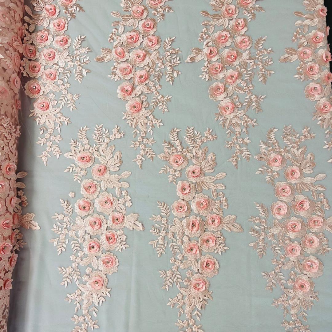 3D Floral Lace - PINK - 3D Floral Embroider Beaded Rhinestones On a Mesh Lace 48” Wide For Quinsiañera Dresses - Prom Dress Sold By Yard