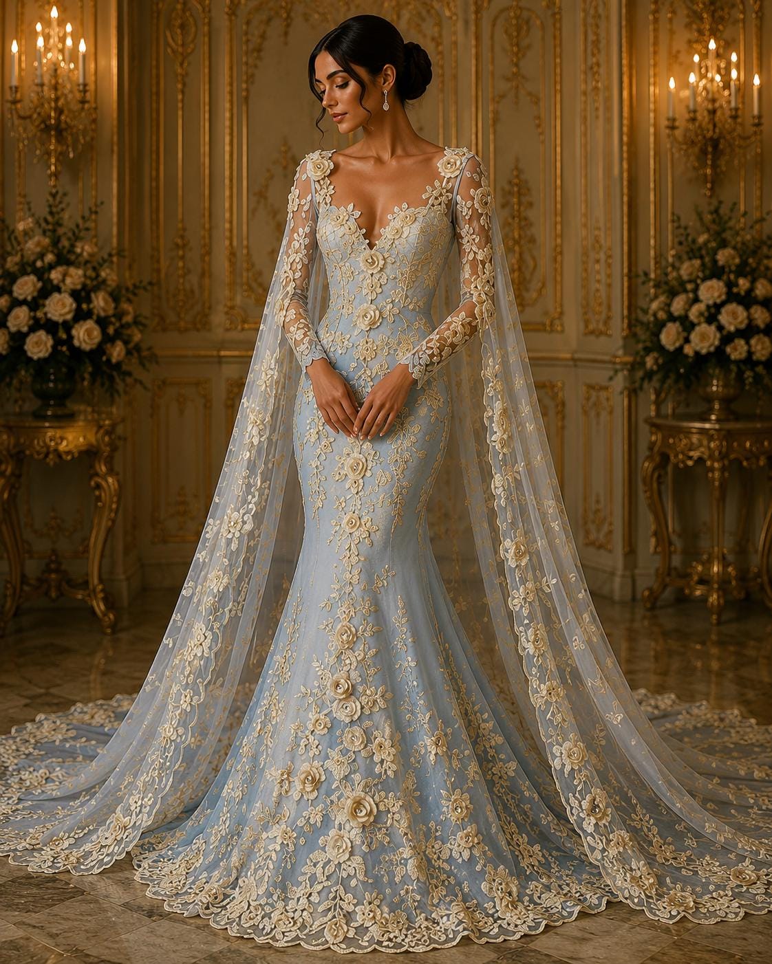 3D Floral Lace - CHAMPAGNE - 3D Floral Embroider Beaded Rhinestones On a Mesh Lace 48” For Quinsiañera Dresses - Prom Dress Sold By Yard