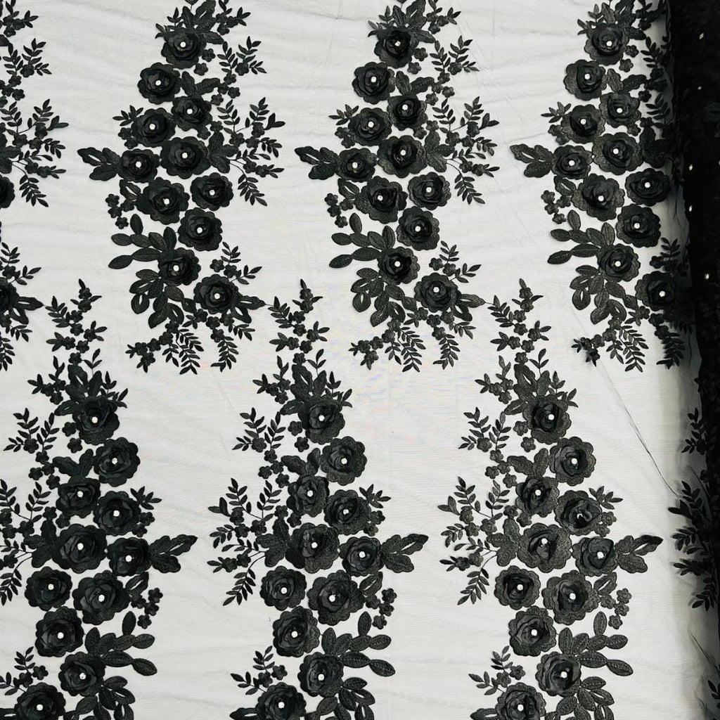 3D Floral Lace - BLACK - 3D Floral Embroider Beaded Rhinestones On a Mesh Lace 48” For Quinsiañera Dresses - Prom Dress Sold By Yard