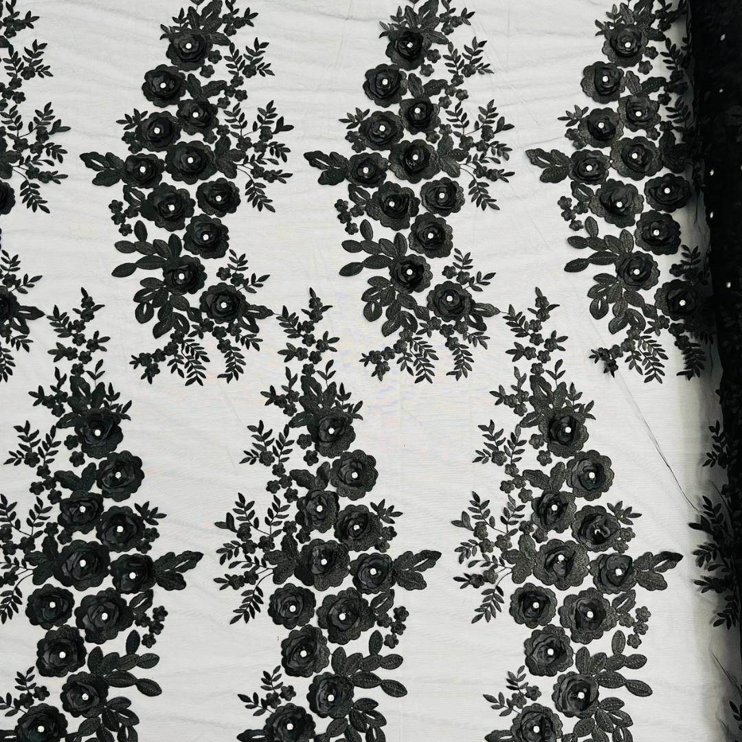 3D Floral Lace - BLACK - 3D Floral Embroider Beaded Rhinestones On a Mesh Lace 48” For Quinsiañera Dresses - Prom Dress Sold By Yard