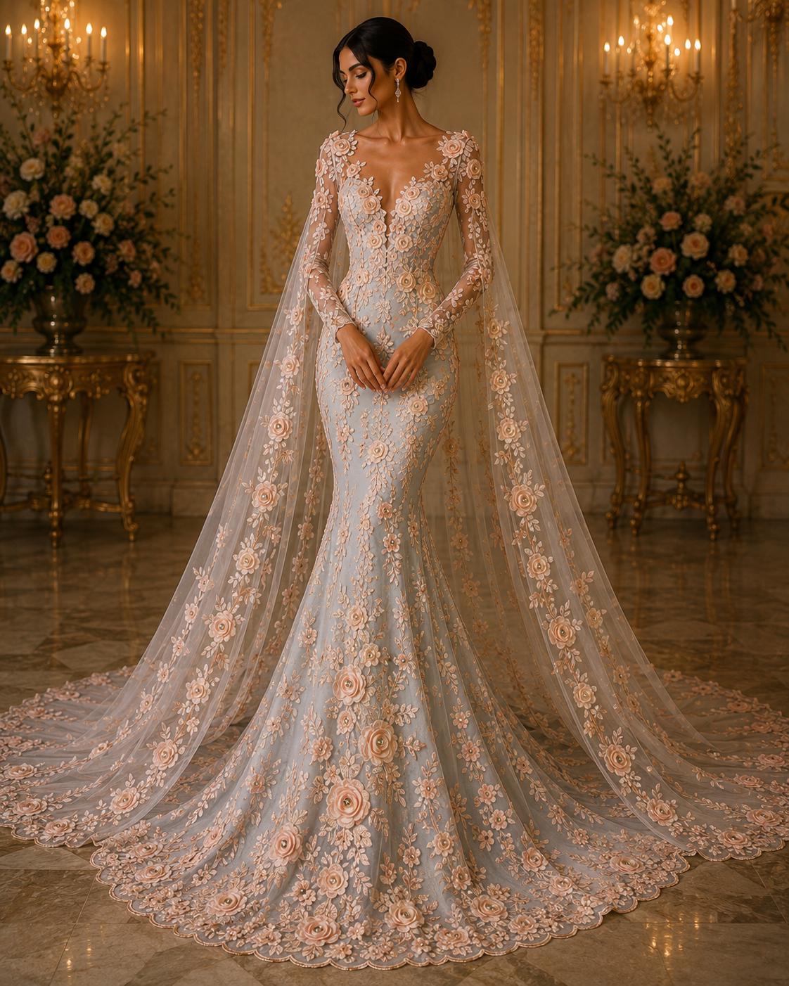 3D Floral Lace - BLUSH - 3D Floral Embroider Beaded Rhinestones On a Mesh Lace 48” For Quinsiañera Dresses - Prom Dress Sold By Yard