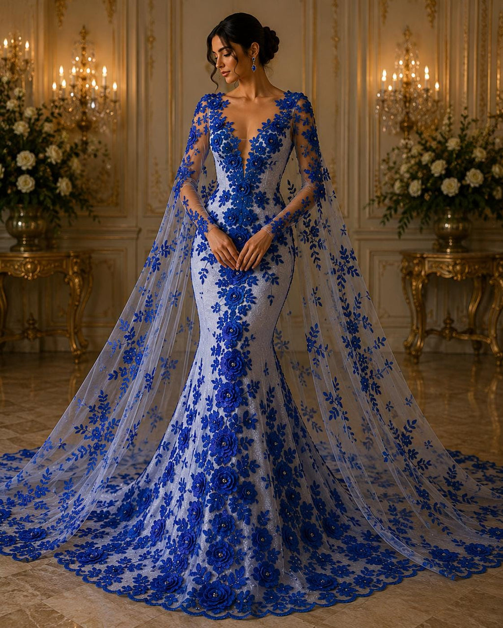 3D Floral Lace - ROYAL - 3D Floral Embroider Beaded Rhinestones On a Mesh Lace 48” For Quinsiañera Dresses - Prom Dress Sold By Yard
