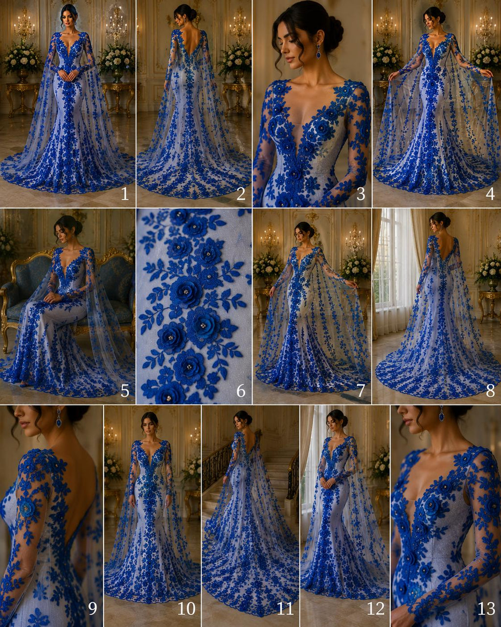3D Floral Lace - ROYAL - 3D Floral Embroider Beaded Rhinestones On a Mesh Lace 48” For Quinsiañera Dresses - Prom Dress Sold By Yard