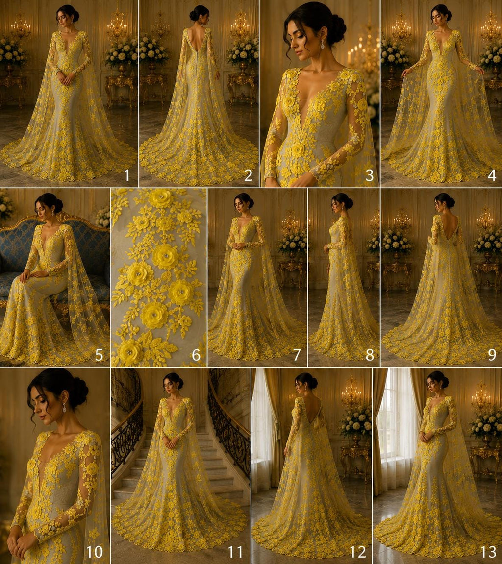 3D Floral Lace - YELLOW - 3D Floral Embroider Beaded Rhinestones On a Mesh Lace 48” For Quinsiañera Dresses - Prom Dress Sold By Yard