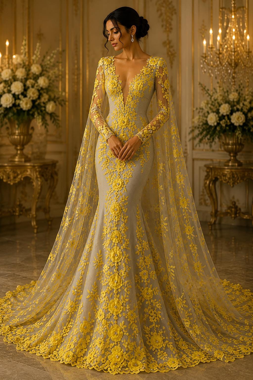 3D Floral Lace - YELLOW - 3D Floral Embroider Beaded Rhinestones On a Mesh Lace 48” For Quinsiañera Dresses - Prom Dress Sold By Yard